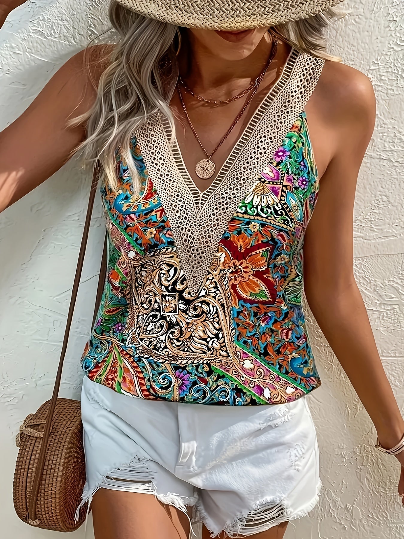 Sienna – Vibrant Paisley Lace Trim Tank Top